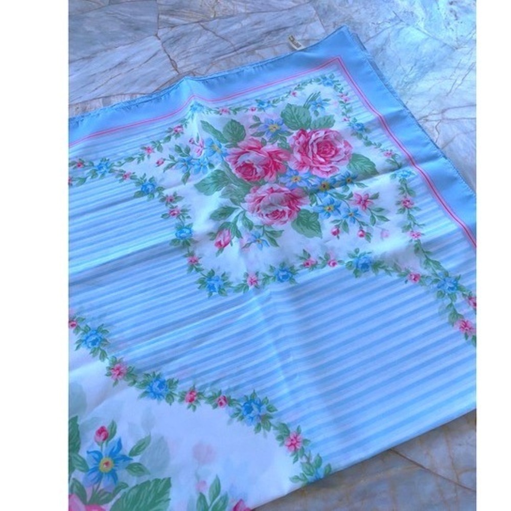 Vintage Avon Italy Floral Striped Square Scarf Light Blue Pink Roses